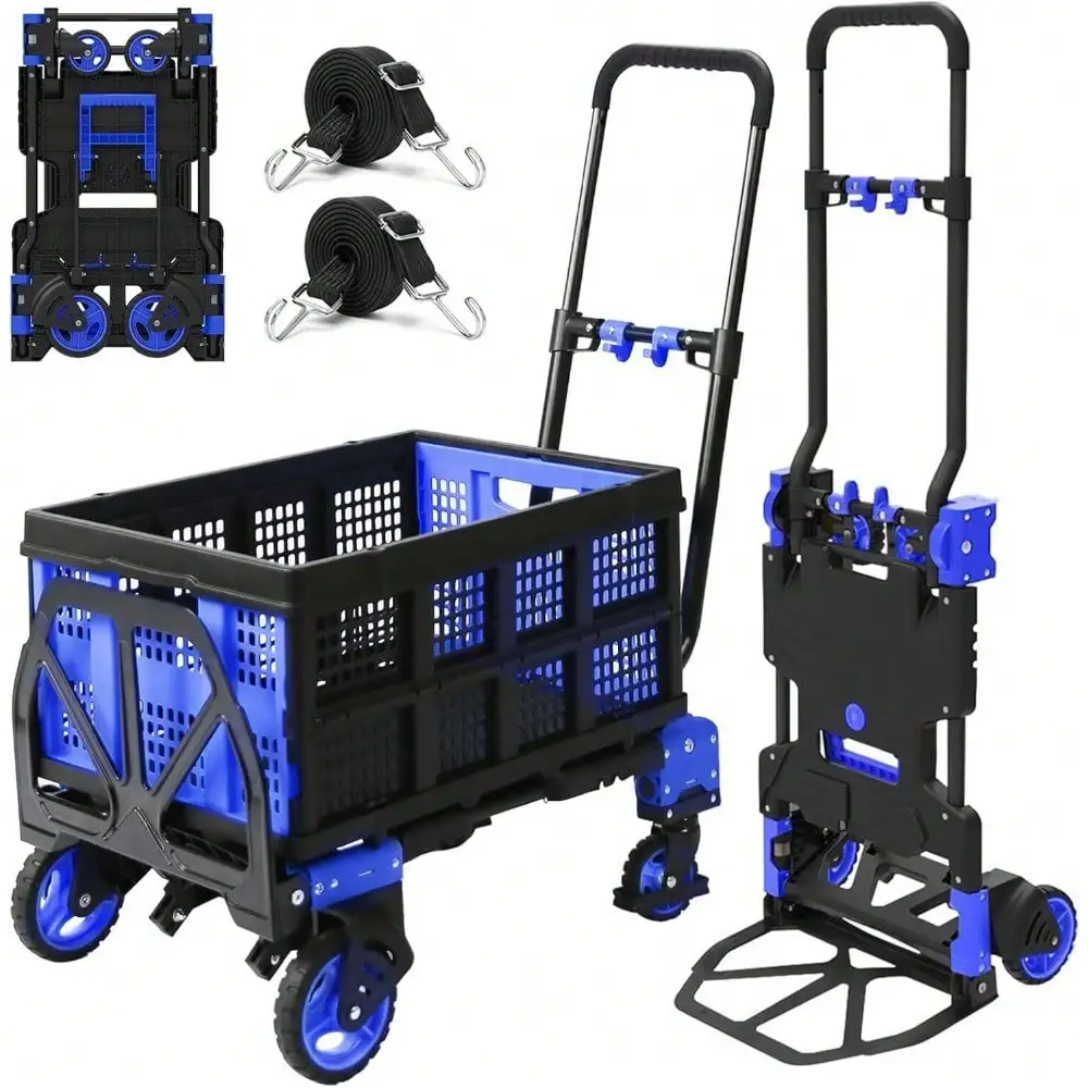 

2 in 1 Folding Hand Truck with Folding Basket Telescoping Handle & Rubber Wheels