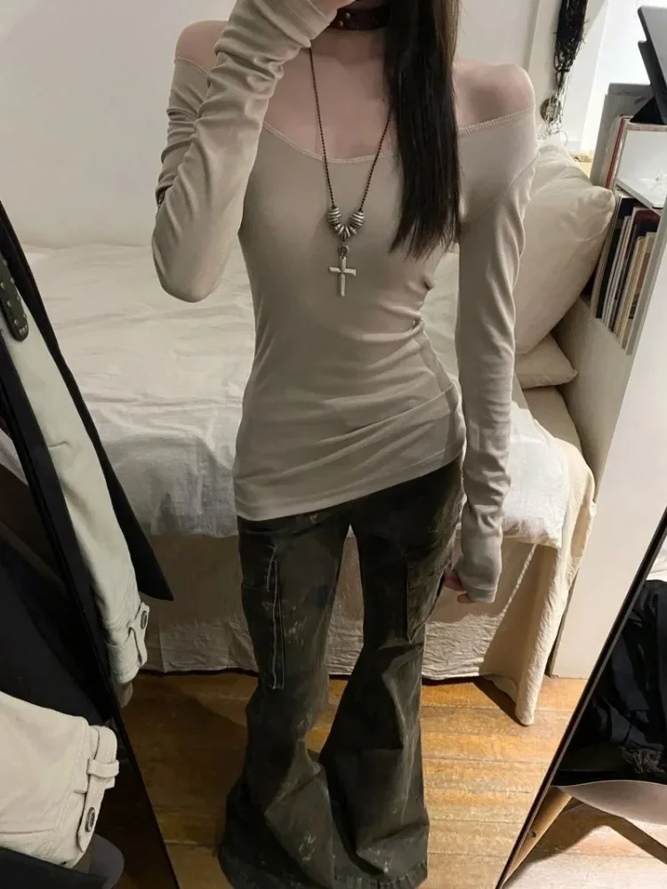 T-shirt manica lunga patchwork croce americana donna 2025 inizio autunno nuove top Mujer Y2k Slim Fit che tocca il fondo Tees