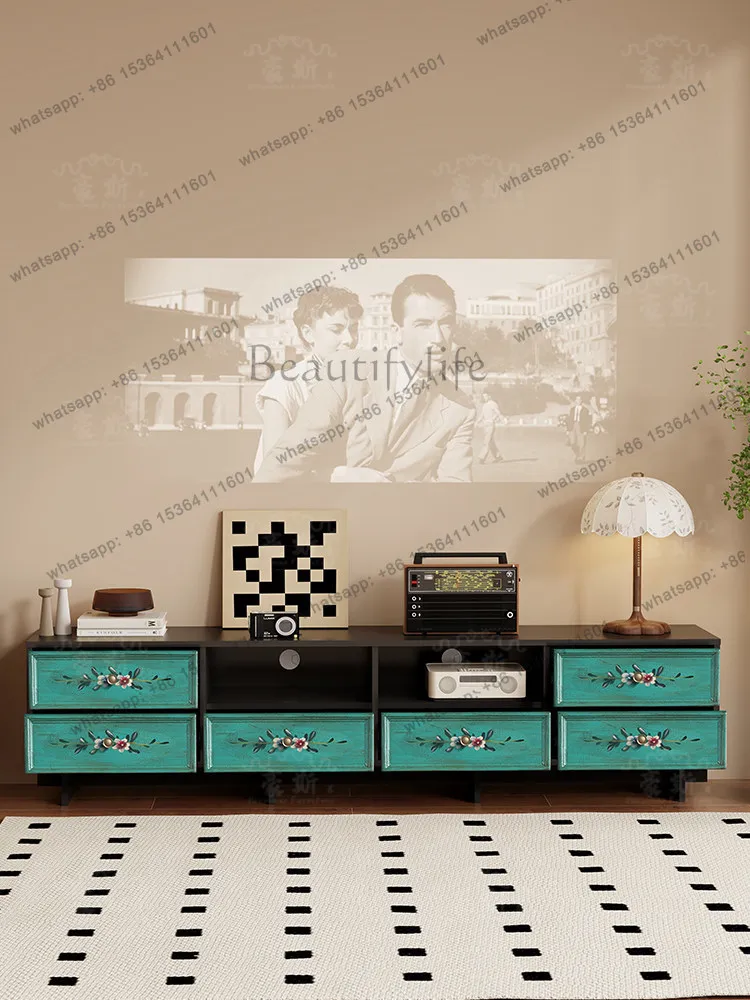 American hand-painted TV cabinet retro living room background wall projection screen B & B villa medieval storage cabinet
