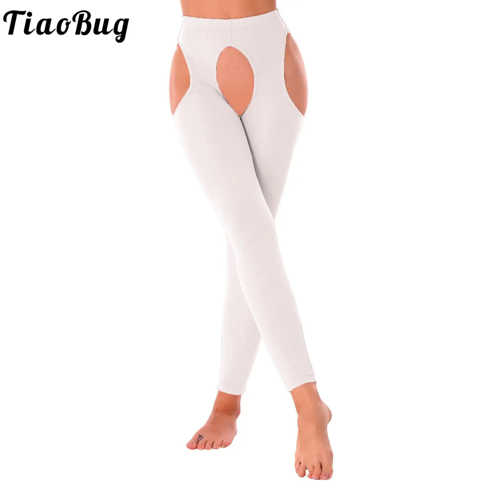 Womens Sexy Hollow Out Crotch Leggings Sleepwear Glossy Elastic Waistband Skinny Pants Erotic Lingerie Pole Dance Wear Stretchy