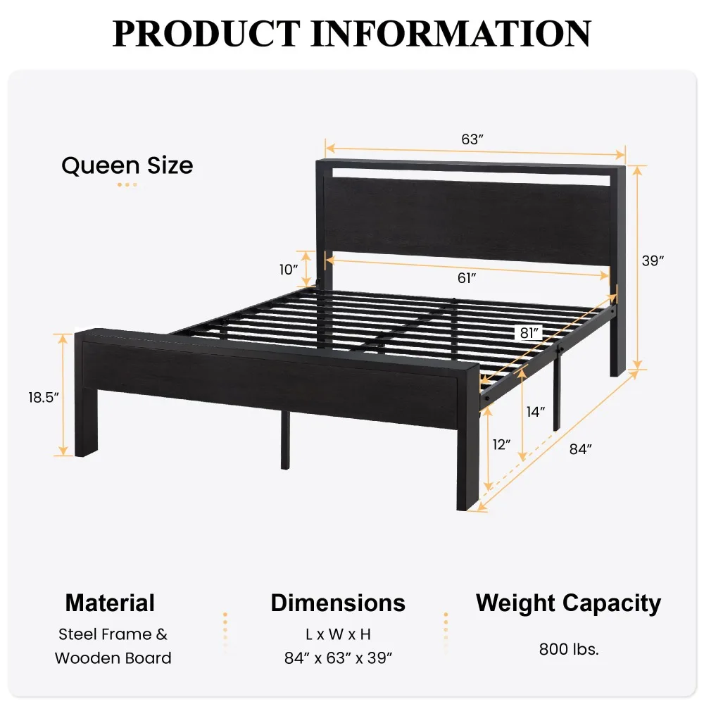 2024 New  14 Inch Queen Size Metal Platform Bed Frame with Wooden Headboard and Footboard