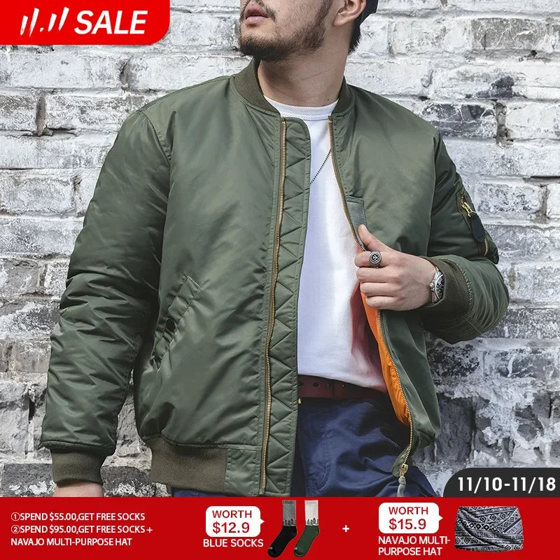 

Maden Vintage MA1 Pilot Jacket for Men's Winter Green Cotton Thickened Coat Baseball Pockets Flight Zipper Jacket Outwear Tops