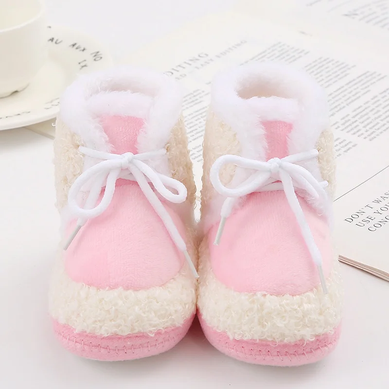 Korean Style Patchwork Plush Baby Shoes - Soft Sole, Cotton Padded, Lace-up Snow Boots for Adorable Boys and Girls 0-18M