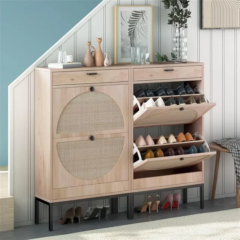 New Chinese Style Rattan Tipping Bucket Shoe Cabinet Retro Iron Leg Narrow Entryway Storage Two Tier Organizer for Home
