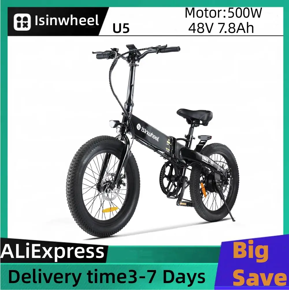 

lsinwheel U5 Foldable Electric Bicycle 48V 7.8Ah Battery 500W Motor 20 Inch Tire City E-bike 5-Speed Transmission