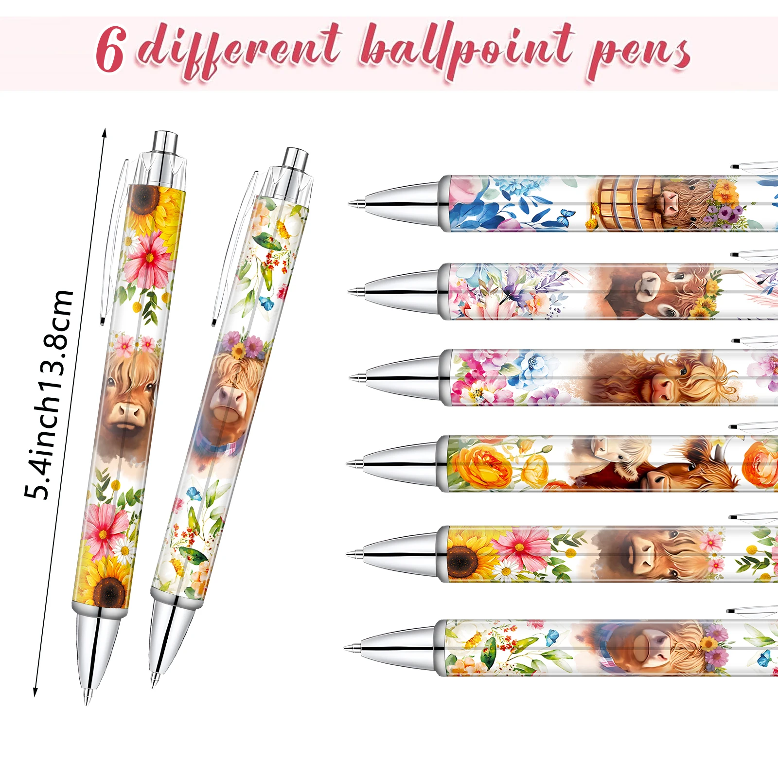 6 PCS Set Cute Scottish Highland Cow Ballpoint Pens Stationery Items with Cow Pattern Accessories