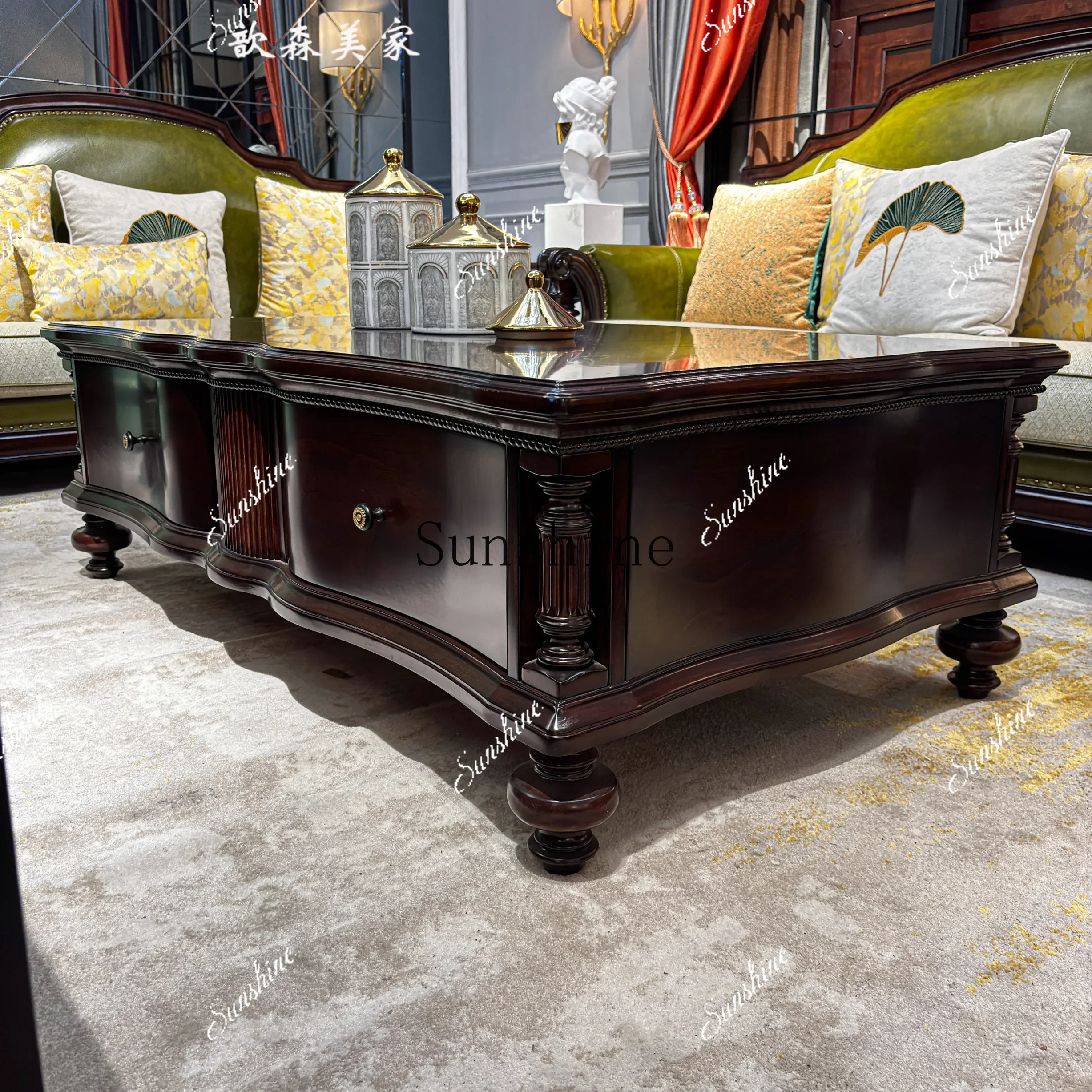 

American retro solid wood coffee table living room home simple living room table storage tableP