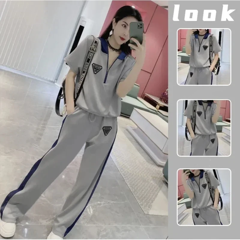 Completo sportivo casual - top a maniche corte stile moda estiva, pantaloni a gamba dritta e ampia, set due pezzi per abbigliamento da donna