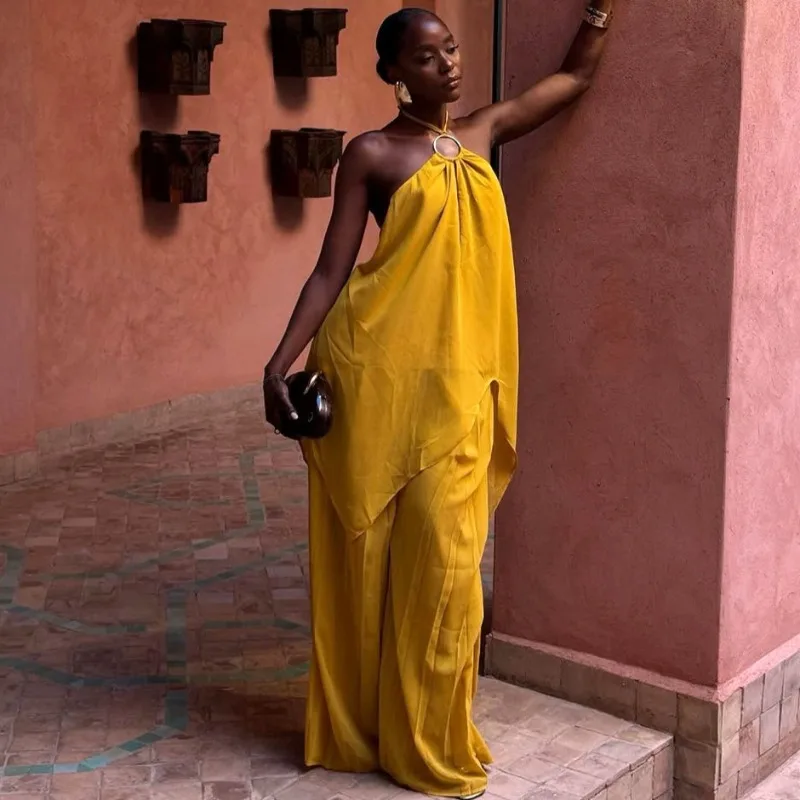 Elegant African Ladies Two Piece Set, Halter O-Ring Irregular Top and Wide Leg Trousers, Solid Outfit for Holiday, Party & Daily
