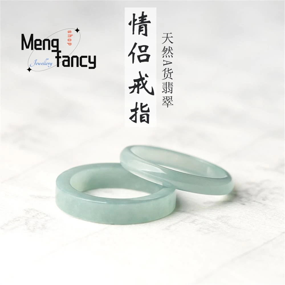 

Elegant Natural Old Pit A-goods Jadeite Light Blue Water Men And Women Couples Icy Jade Square Ring High-grade Fashion Jewelry