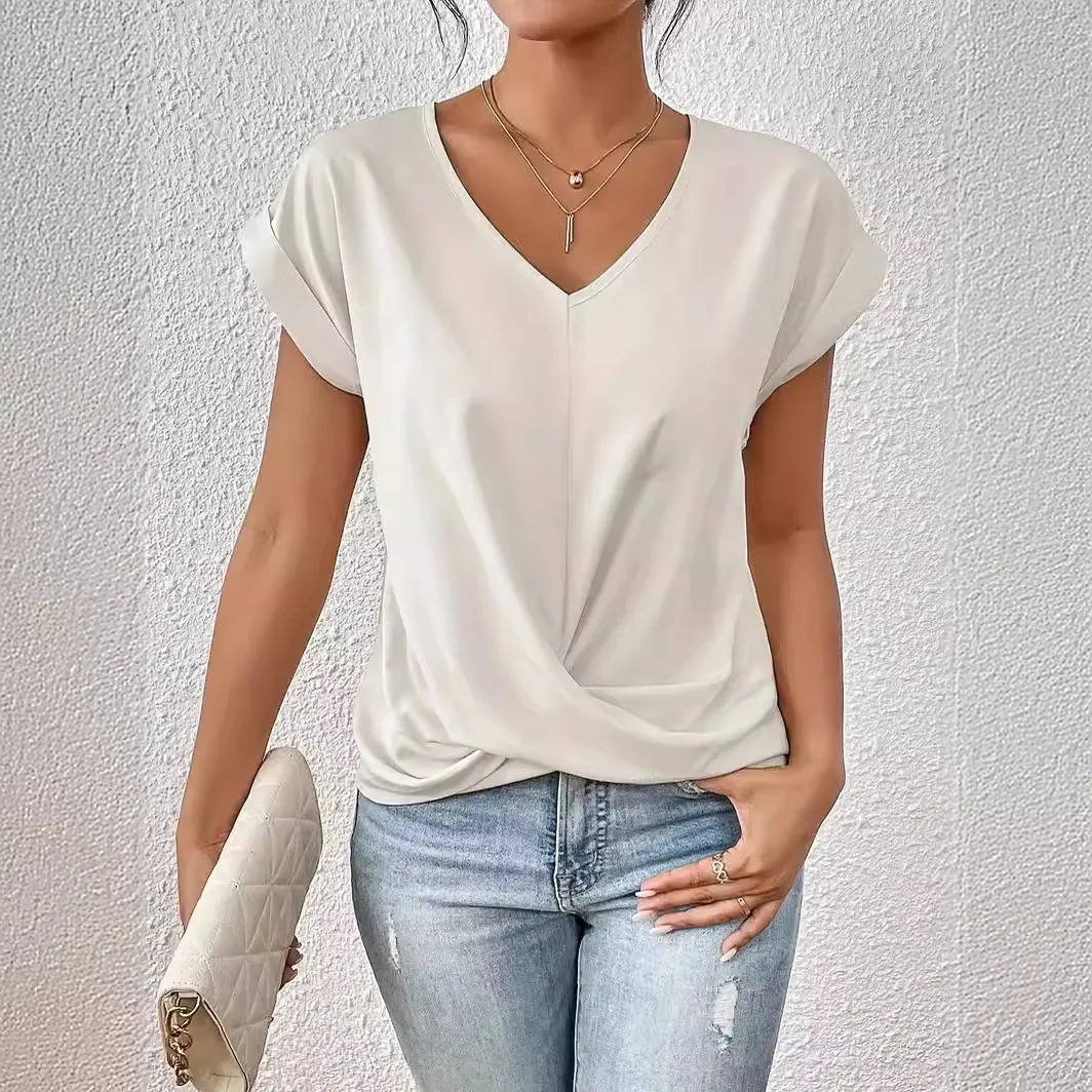 2024 New Spring and Autumn Women\'s Fashion Style Casual Solid Color V-neck T-shirt Elegant Short sleeved Top