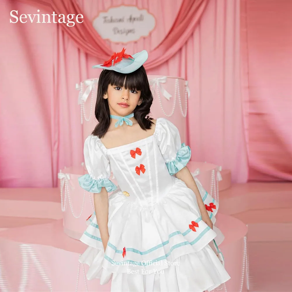 

Белые платья для девочек Sevintage Princess с пышными рукавами, А-силуэта, с бантом, для дня рождения, многоярусные, нарядные, для детей, на заказ