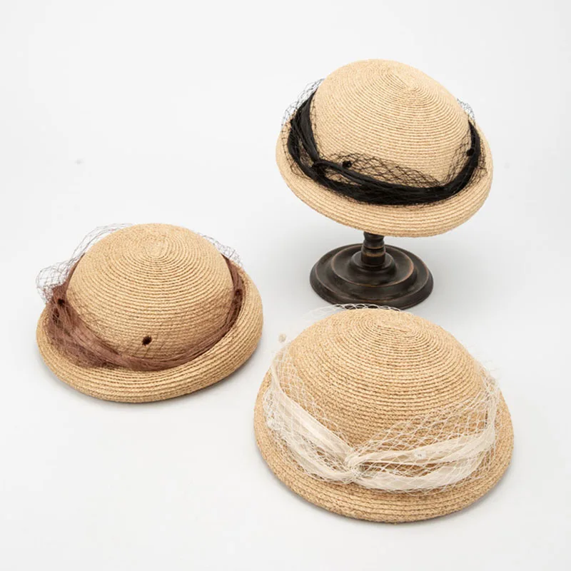 Women Summer Berets Straw Bowler Hat curved Roll Brim Summer Fedora Hat Veil Bowknot Lady Wedding Party Dress Hat Beach Sun Hat