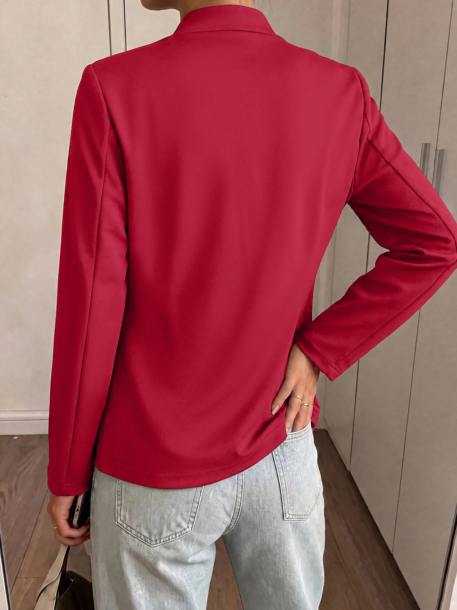 Women Solid Color Long Sleeve Open Blazer Stand Collar Slim Fit Elegant Business Casual Outer Jacket