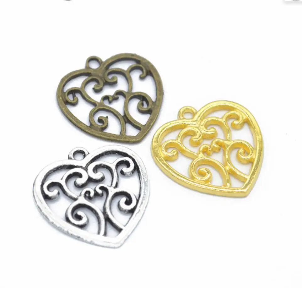 50PCS 22*21mm Three Color Vintage Metal Zinc Alloy Hollow Love Heart Charms Fit Jewelry Pendant Charms Makings F0188