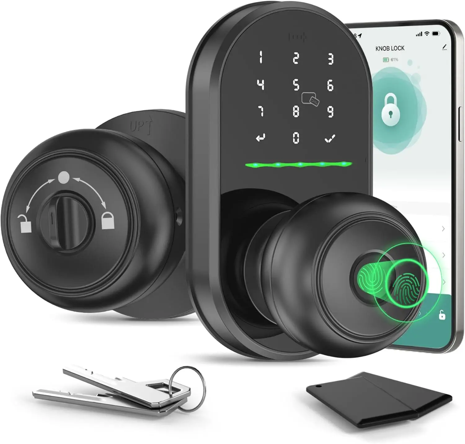 

5-in-1 Keyless Door Knob with Fingerprint, Keypad, App Control, Auto Lock, Dark Black, Fits Standard Doors