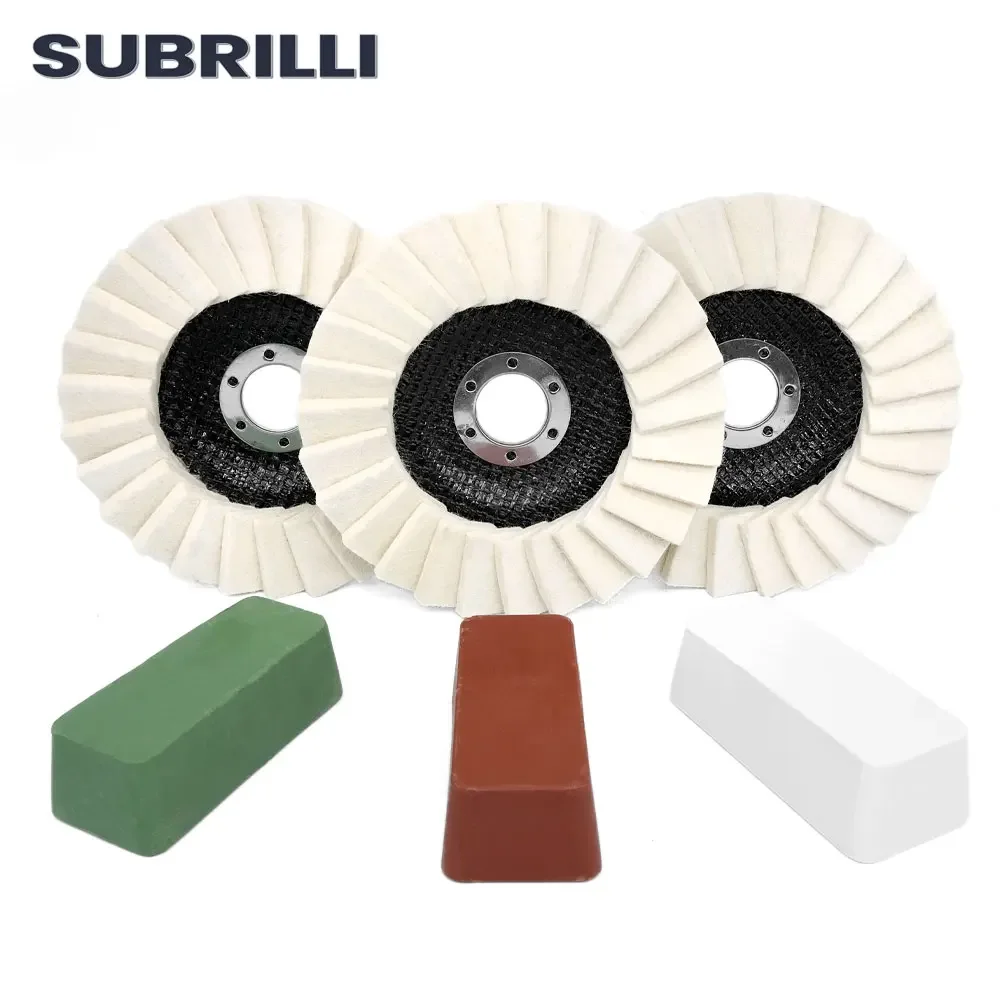 SUBRILLI Metal Polishing Buffing Compound Set 6pcs With Wool Felt Flap Polishing Wheel Disc For Aluminum Stainless Steel Jewelry