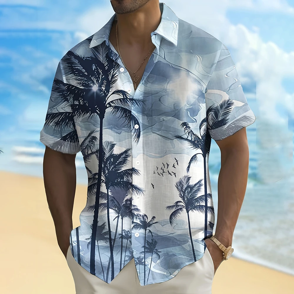 

Men'S Shirt 3D Coconut Tree Pattern Full-Body Printed Shirt Fashion Short Sleeve Lapel Button Up Top Men'S Casual Holiday Shirt