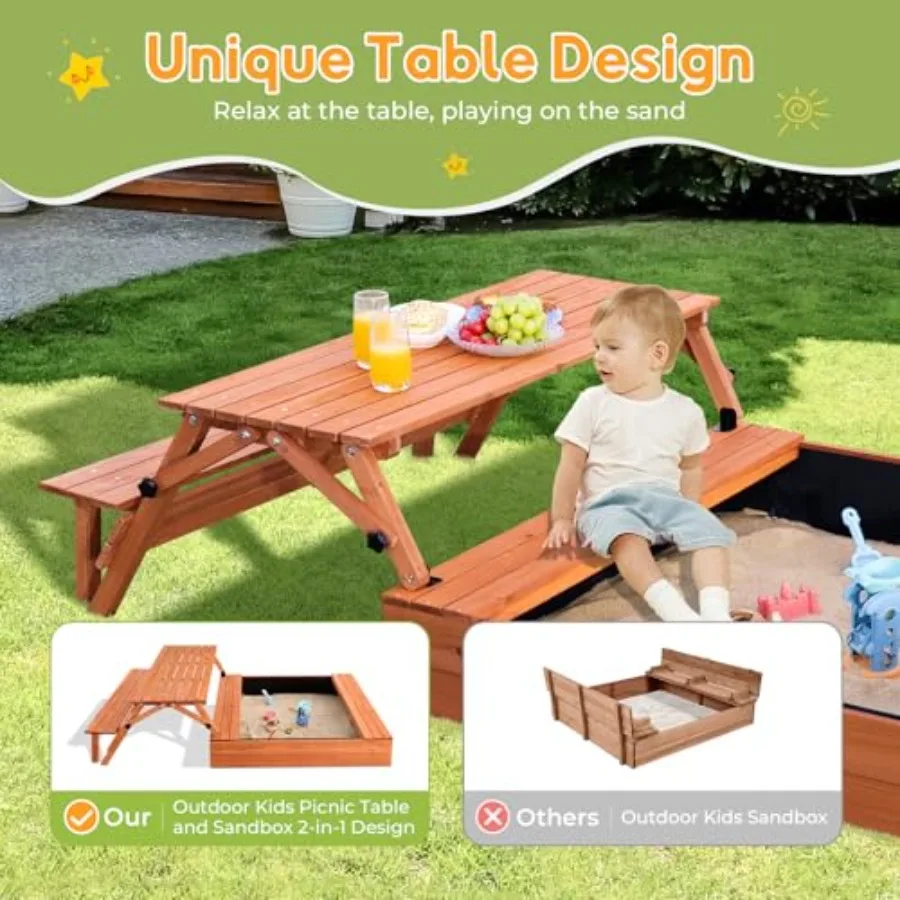 Sabbiera da esterno in legno Grande scatola di sabbia con coperchio Sabbiera con coperchio Regalo per 28 anni Tavolo da picnic pieghevole e rivestimento inferiore del sedile