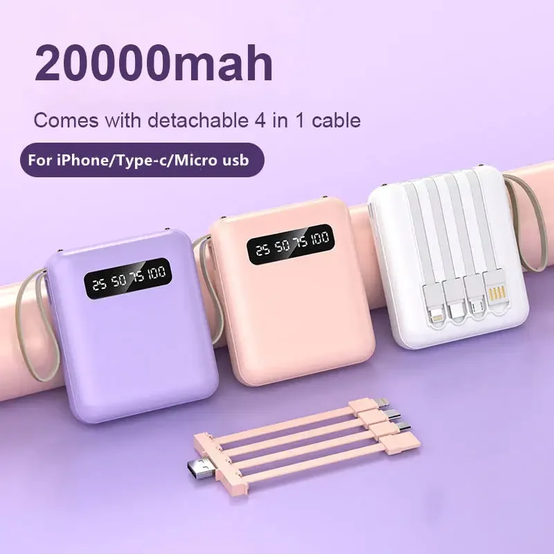 Phone Power Bank with 4 Charging Cables Mini Large Capacity Mirrored Power Bank Portable Fast Charging Powerbanks 20000 10000mAh