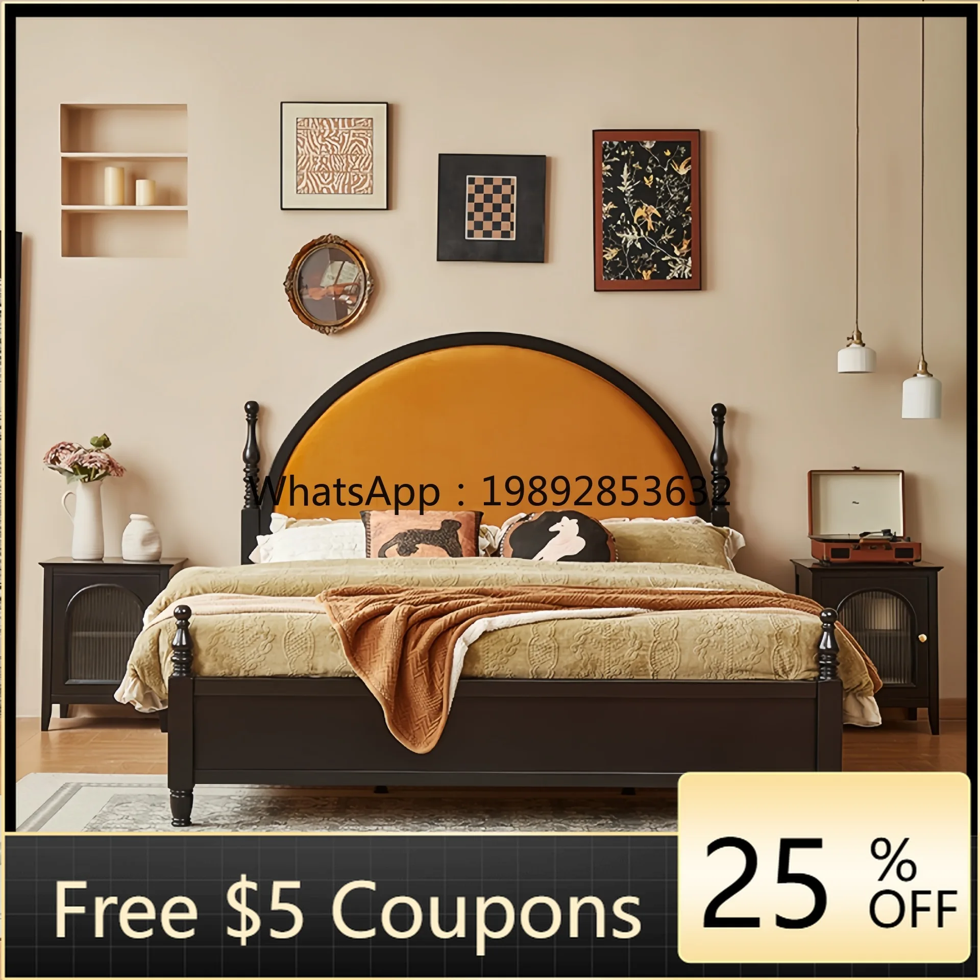 1YFY Retro French Paris Bed 1.8m Solid Wood Bed Master Bedroom Double Bed American Round Head
