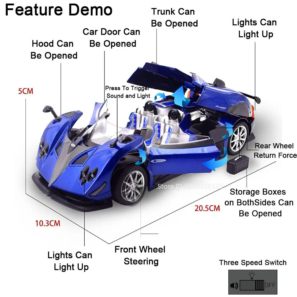 1:24 VALKYRIE ZONDA modelo de brinquedo carros esportivos liga fundida portas de absorção de choque abertas puxar para trás som luz ornamento supercares