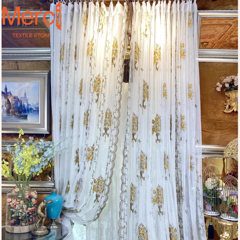 European Elegant Romantic Yellow Embroidery Craft Embroidery White Tulle Curtains for Living Dining Room Bedroom Custom Size