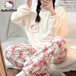 Cinnamoroll & Kuromi Hello Kitty Fuzzy Plush 2 Pcs Pajamas for Women Autumn Winter New Warm Cozy Sleepwear Home Casual Clothes