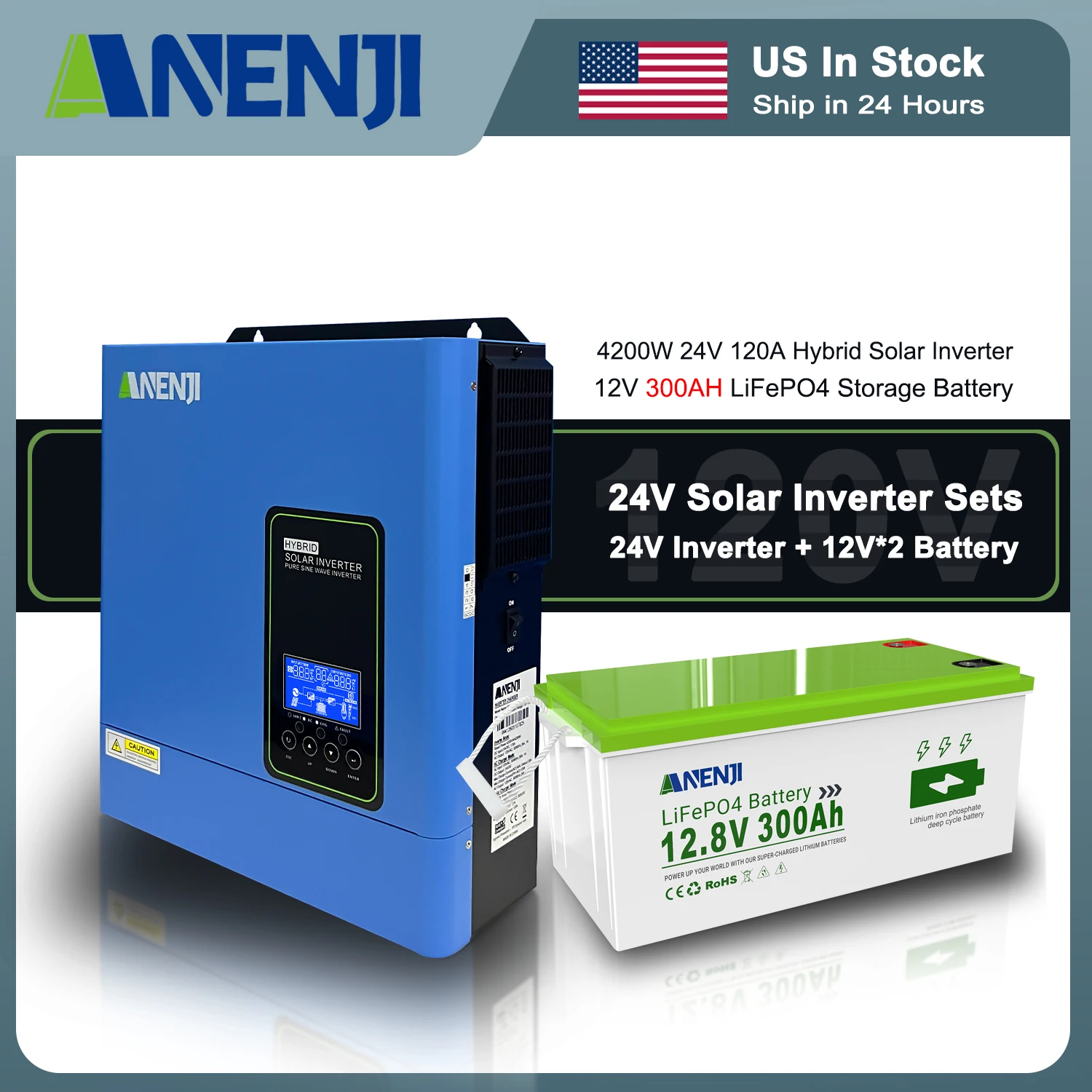 ANENJI 24V Solar Inverter and 24V(12V + 12V in series) 300AH LiFePO4 Battery 110V/120VAC Solar Power Systems Pure Sine Wave Built-in 120A MPPT Charge Controller US In Stock