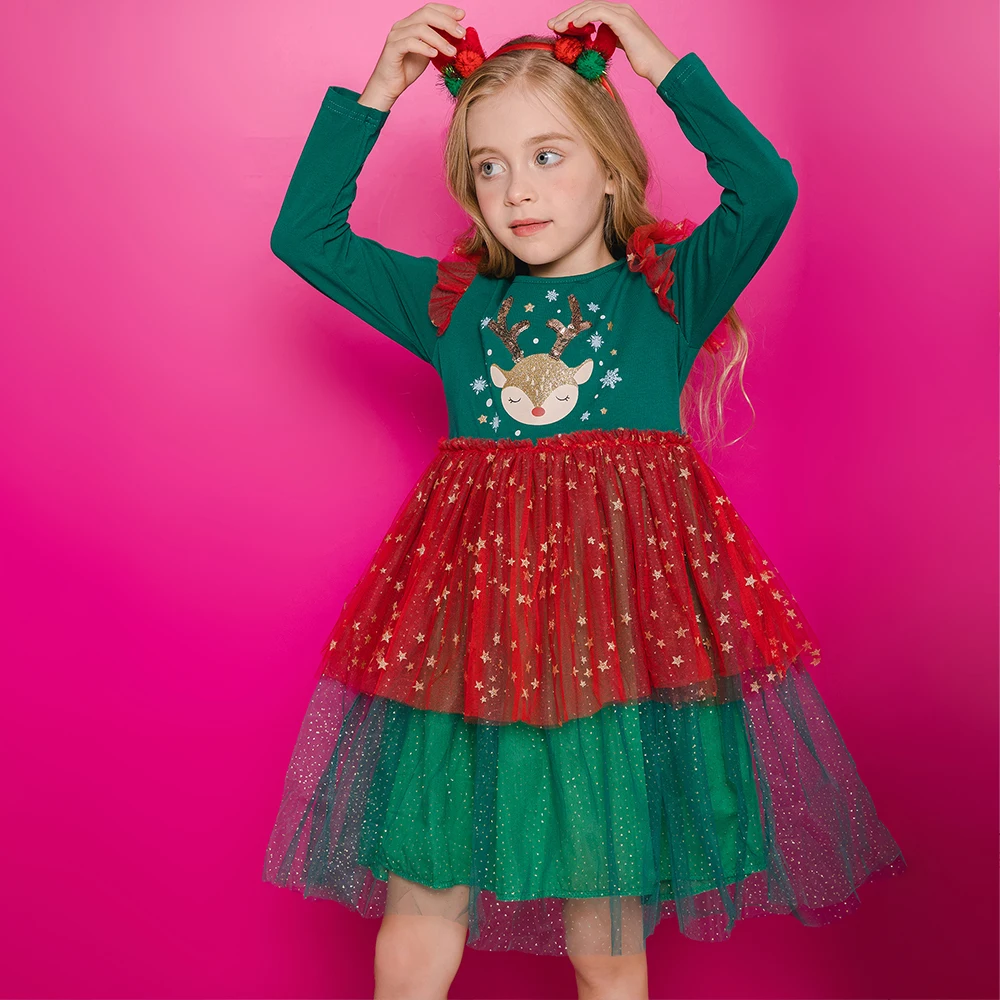 VIKITA Girls Christmas New Year Dresses Kids Elk Snowflakes Print Long Sleeve Autumn Winter Princess Cute Fashion Dress 3-12 Yrs