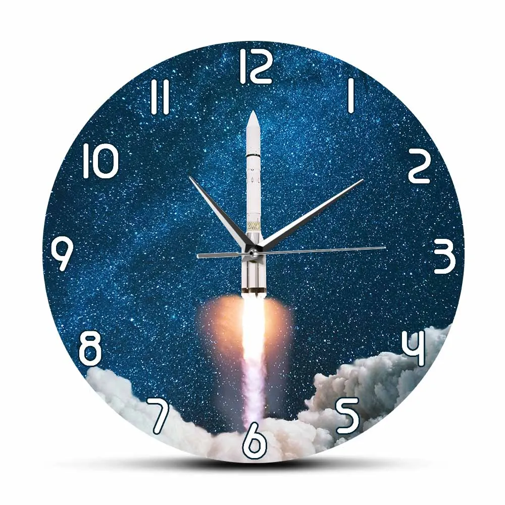 Space Rocket Launch Minimalist Wall Clock For Astrophile Space Ship Shuttle Launch Wall Art Decor Timepieces Silent Sweep Watch