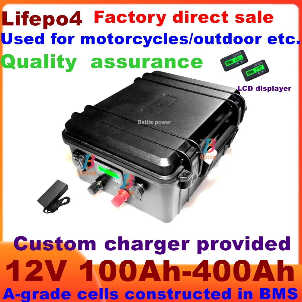 LiFePO4 12V 100AH 120Ah 150Ah 180Ah 200Ah 250Ah 300Ah 400Ah Lithium Battery for 1000W Trolling Motor Solar Panel Outdoor RV