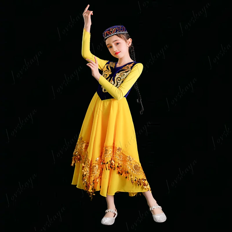Trajes de baile de Xinjiang para niños, ropa de escenario uigur, disfraces étnicos infantiles para actuaciones de danza kazaj