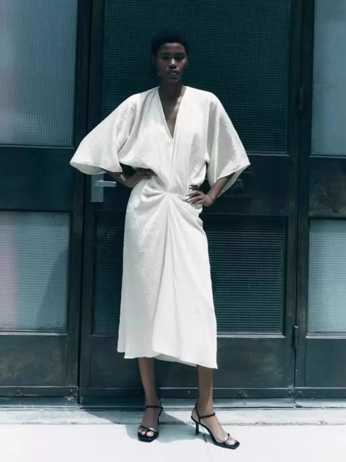 Chic Casual Midi Dr 82272472 Autumn New Arrival Women's Faion Pleated Effect Street Sle f Sve V-ne Summer Dr