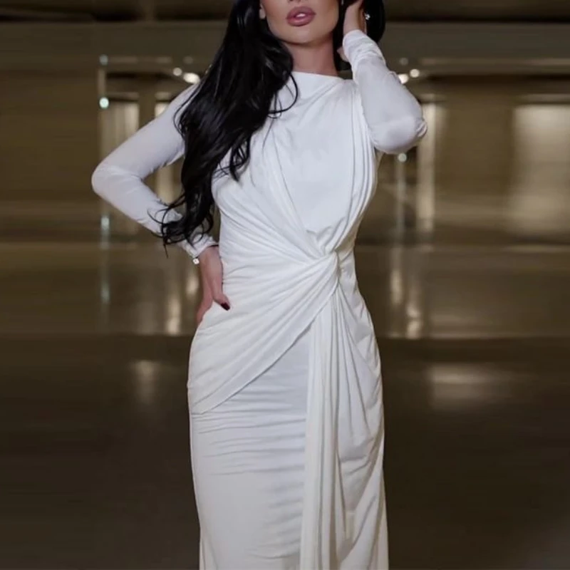 

Round Neck Pleated Waist Slim Dress Female Elegant Solid Color Dress Women's Dress