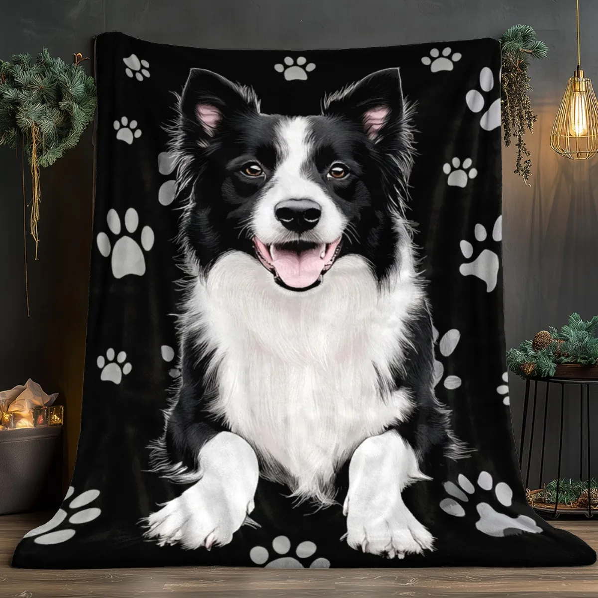 Border collie dog portrait with paw prints black white fur soft flannel blanket pet lover gift cozy home decoration throwblanket