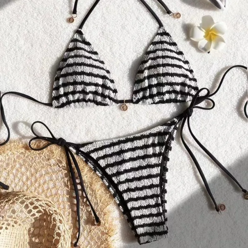 

Женский раздельный купальник в полоску и с эффектом водной ряби, сексуальное бикини, модный купальник с цветовыми блоками, элитный, для горячих источников