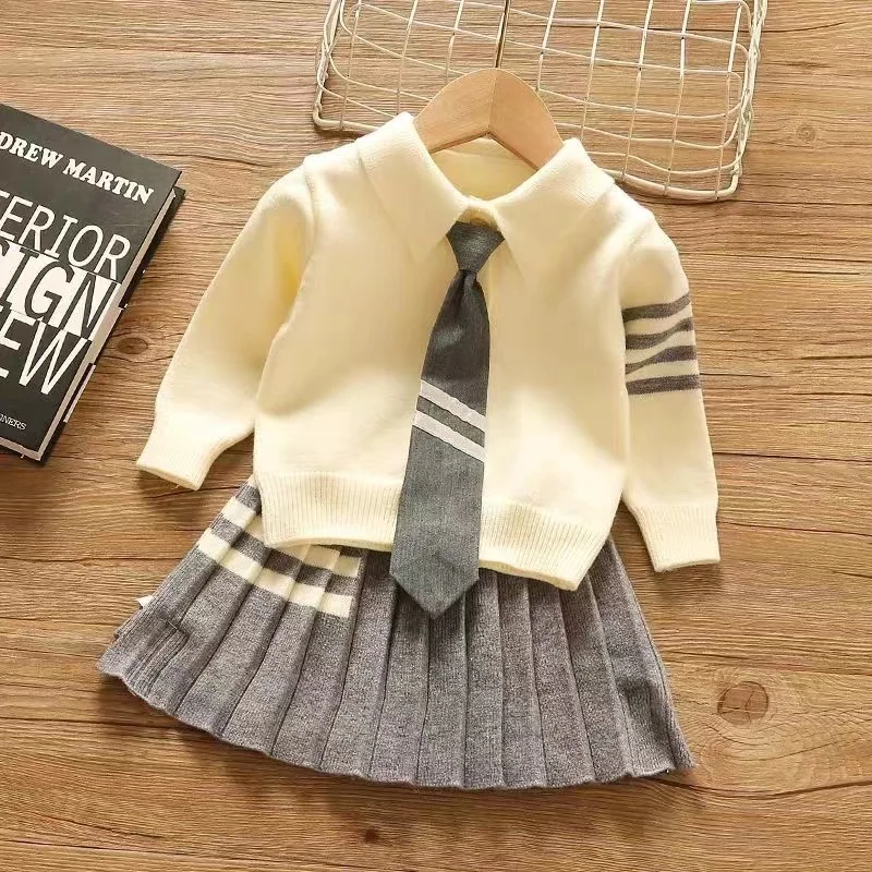 Girls Sweater Set 2024 Spring And Autumn New Fashionable Baby Academy Style Children's Knitting Three Piece Set Kids Clothing