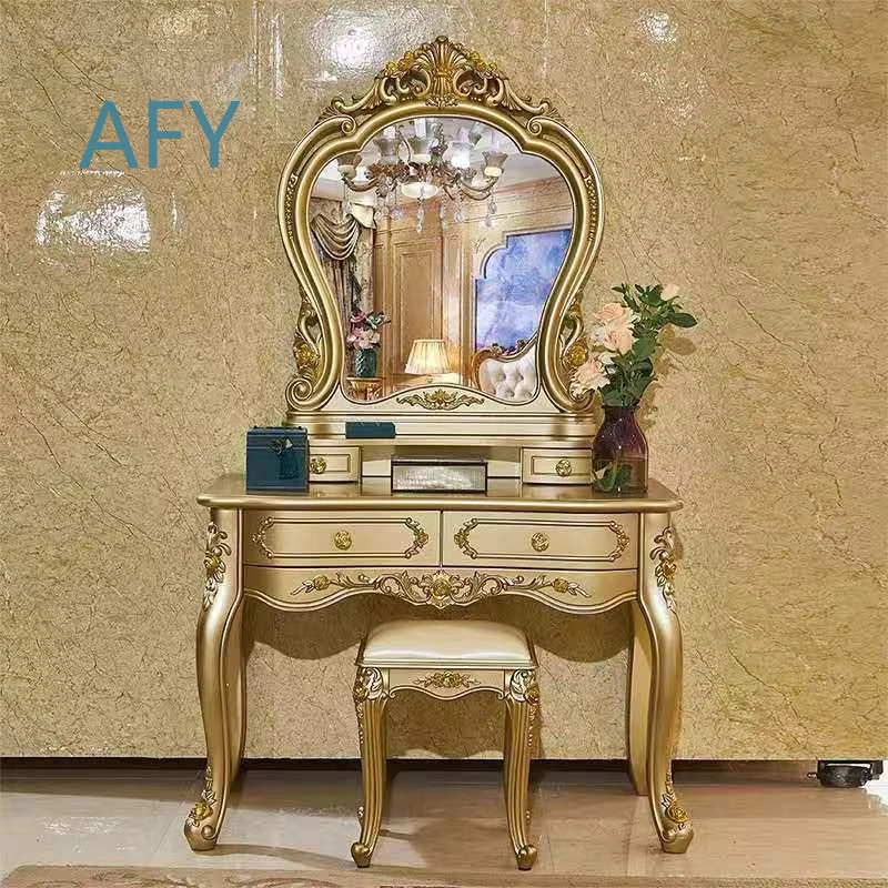 European Style Champagne Gold Vanity Table for Makeup Mirror Desk Dressing Table Vintage Carved Luxury American Golden Vanity