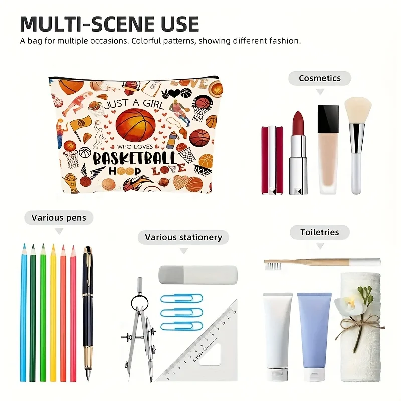 Just A Girl Basketball Patters Cosmetic Travel Toiletry Bag with Zipper Makeup Bags Women Pen Case Ladies Best Gift for Friends