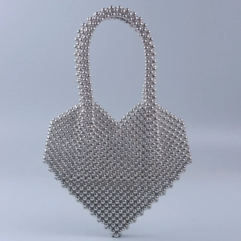 Fashion Trend Heart-Shaped Beaded Handbag Handmade Silver Acrylic Beads Tote Bag Summer Evening Party Wedding Clutches 2024