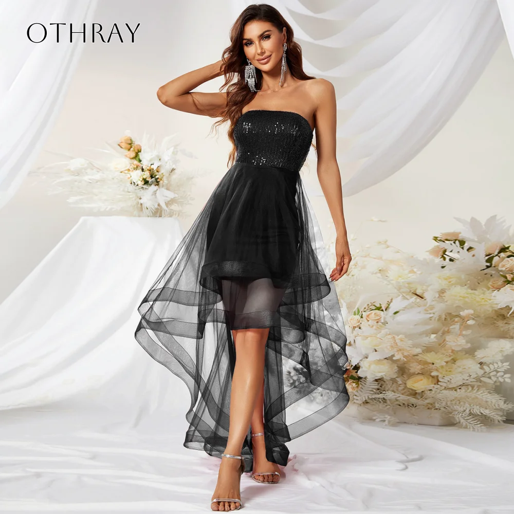 Sequined Strapless Short Cocktail Dresses High-low Tulle Pleated Customized Party Dresses vestidos de gala