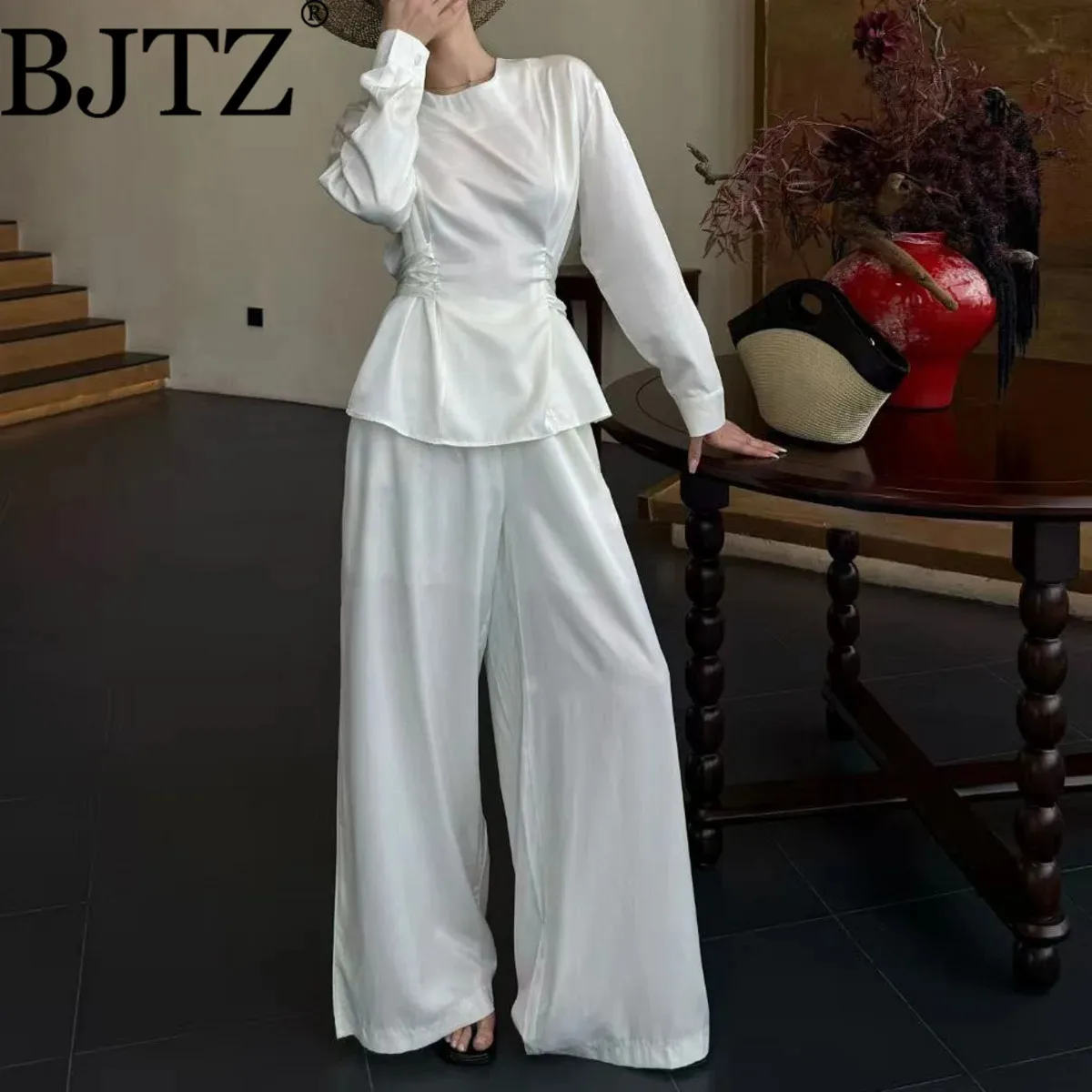 

BJTZ Pure Color Casual Women's Two Piece Set Clothing O-neck Top+high Waist Wide Leg Loose Trousers Female Sets 2025 New