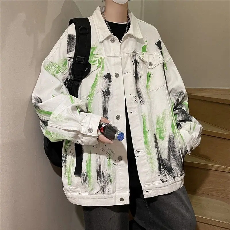 

Doodle Cowboy Coat for Men Hip Hop Elatic Washed Worn Size L Loose Korea Fashion of Fabric New in Rock Tie Dye Denim Jackets Man