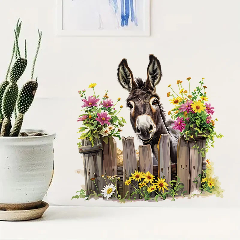 C1240# Donkey with Woodne Fence Toilet Stickers, Bedroom Entryway Living Room Porch Home Decoration Wall Stickers