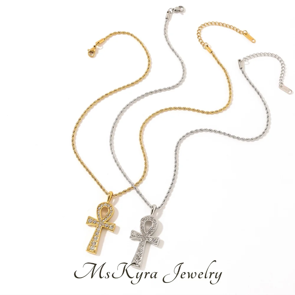 

MsKyra Stainless Steel Necklace Plated 18k Gold Color Zircon Jewelry Cross Vintage French Waterproof Necklace for Women Gift
