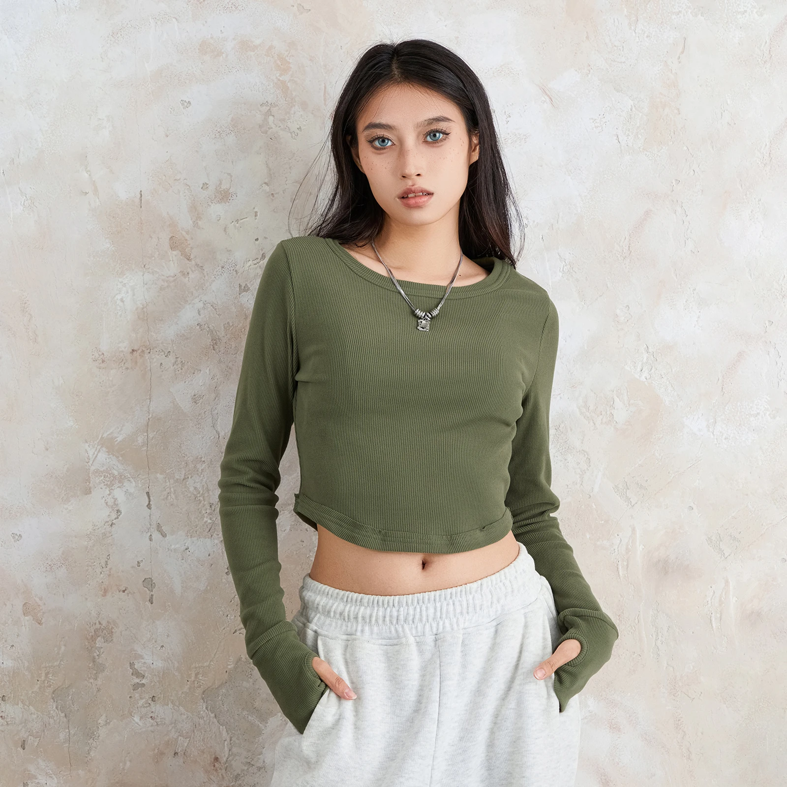 Women T-shirt Long Sleeve Crew Neck Solid Color Slim Fit Ladies Spring Fall Ribbed Crop Tops Streetwear