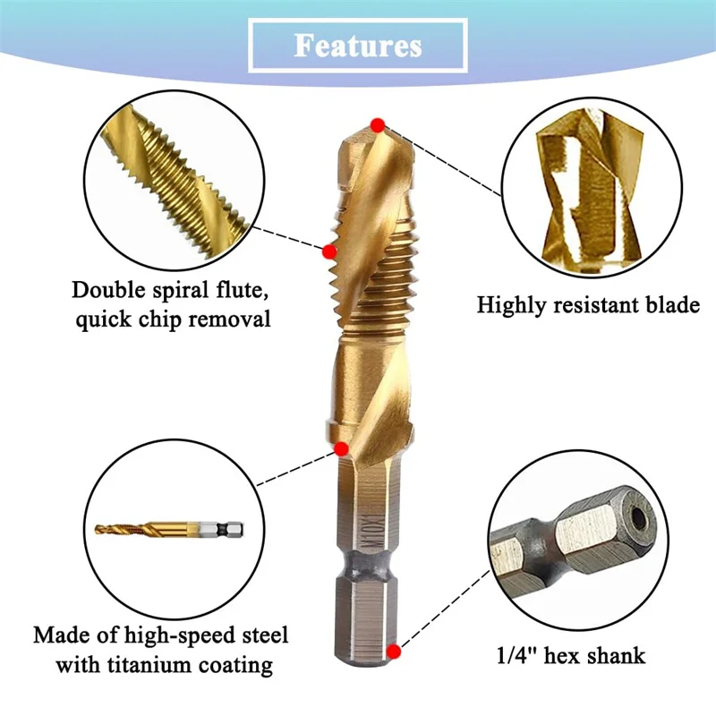 6 pièces HSS forets combinés et jeu de tarauds 1/4 pouces tige hexagonale vis taraudeuse foret titane enduit M3-M10 foret à taraud