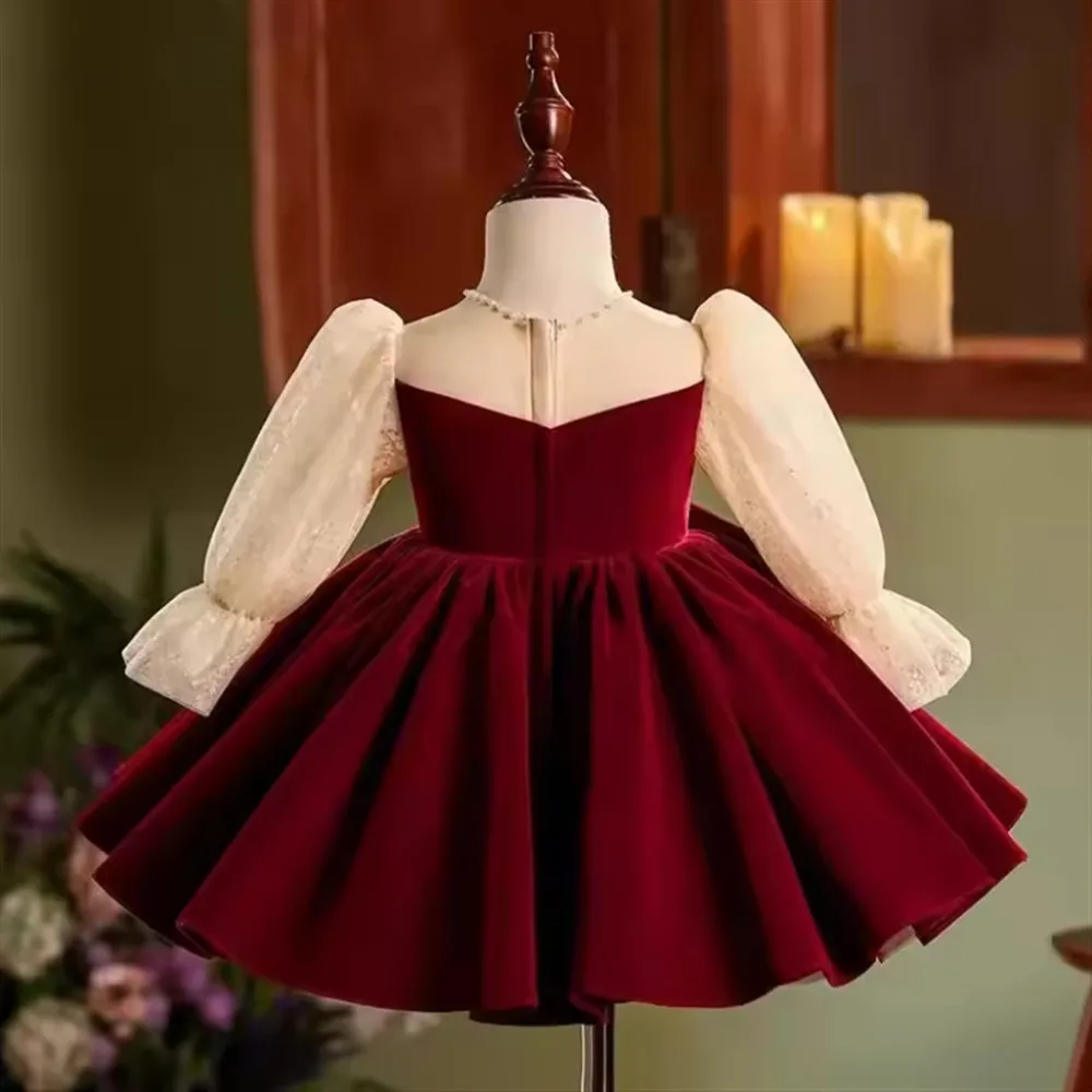 Elegant Velvet Flower Girl Wedding Dress Princess Birthday Party Children's Greeting Dress Kids Host Performance Tutu Skirt
