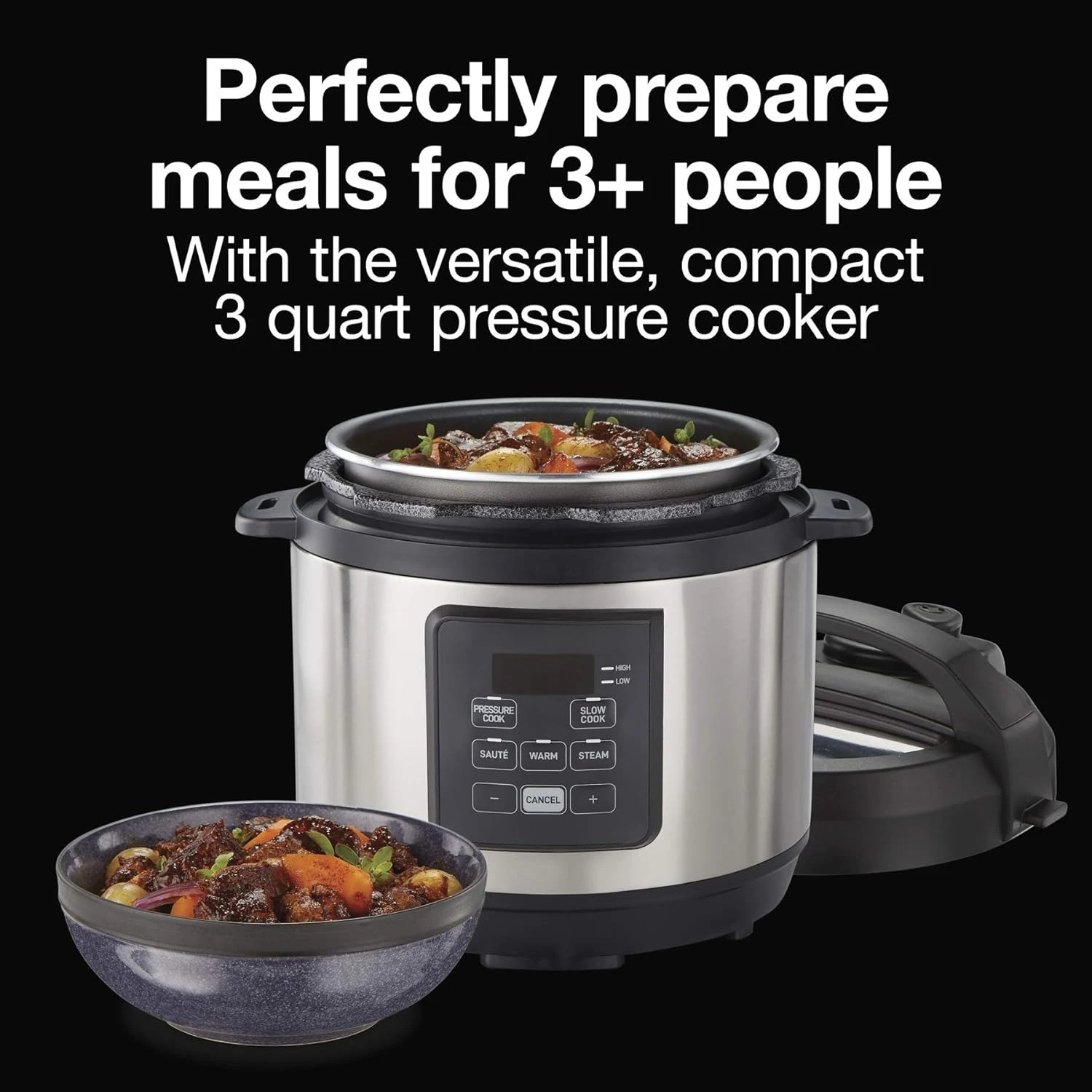 

4-in-1 Electric Pressure Cooker, 3 Quart Multi-Function With Slow Cook, Steam, Sauté, Rice, Stainless Steel (34503)